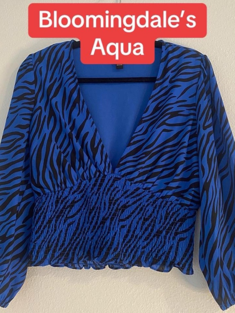 Aqua Blue and Black Zebra-Print V-Neck Smocked Waist Blouse